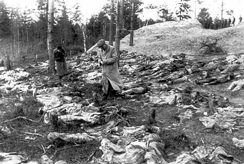 Exhumierte Leichen im Wald von Katyn.